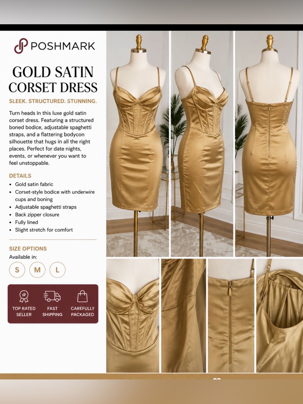 Gold Satin Corset Bodycon Dress
